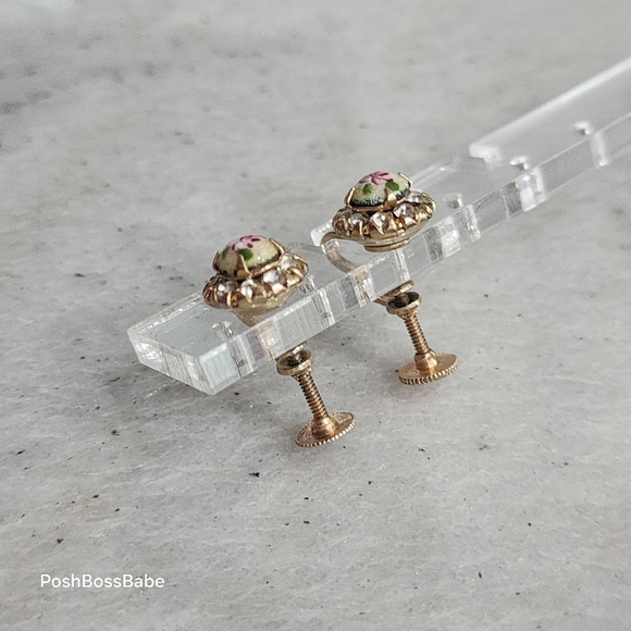 Vintage Floral Porcelain Screw Back Earrings | Rhinestone Gold Tone - Picture 4 of 13